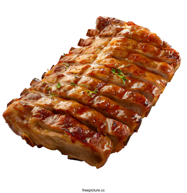 [Transparent Background PNG]A delicious rack of pork ribs, cooked to perfection and glazed with a sweet and tangy sauce.