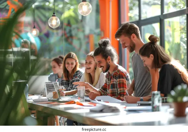 A group of young professionals working together in a modern office