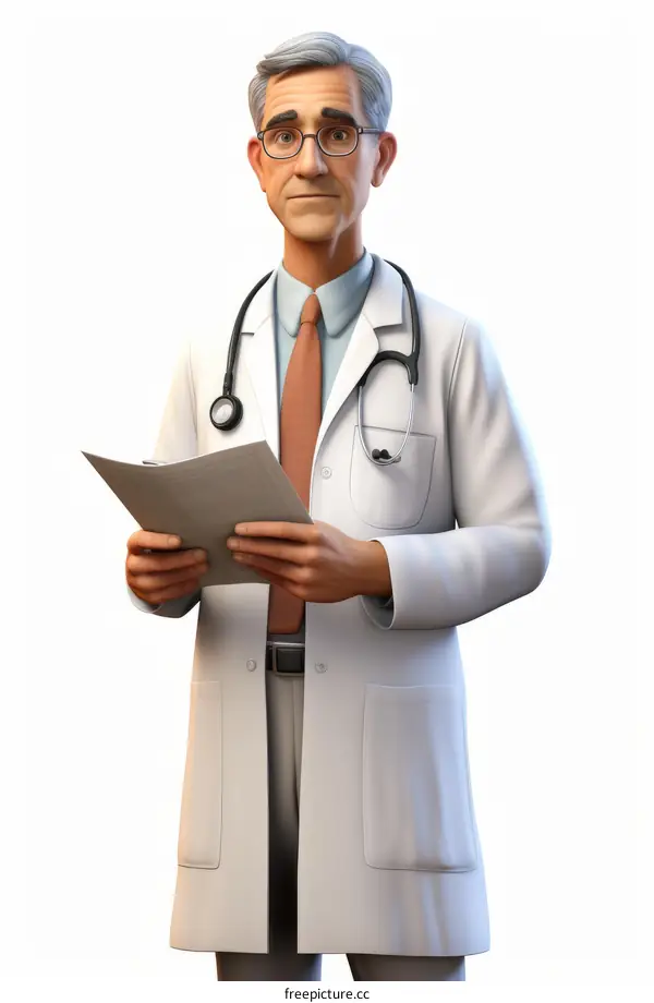 A male doctor in a white coat is holding a clipboard