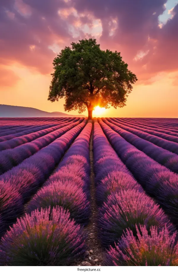Lavender field with a tree at sunset