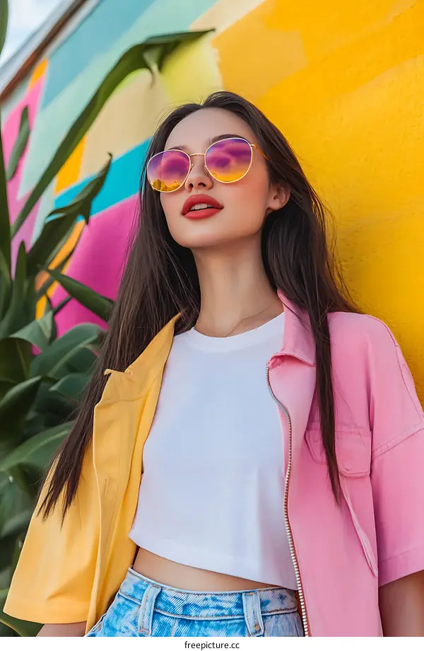 Stylish Asian Woman Wearing Sunglasses in Front of a Colorful Wall