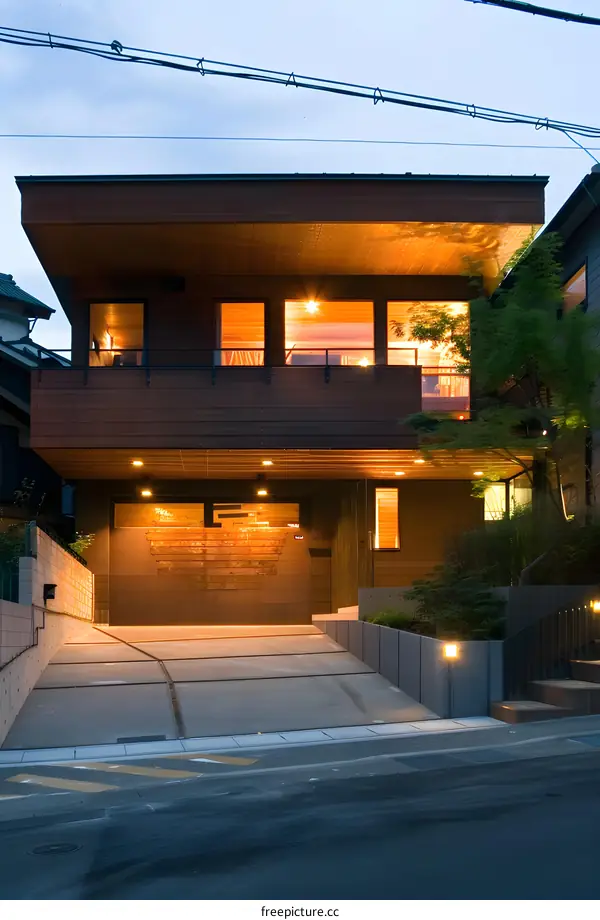Modern Wooden House with a Garage and a Balcony at Night