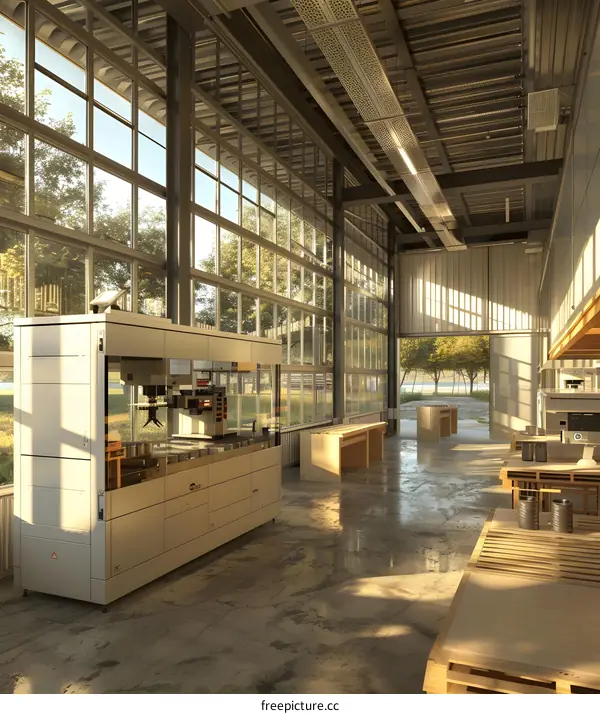 workshop interior with large windows and concrete floor