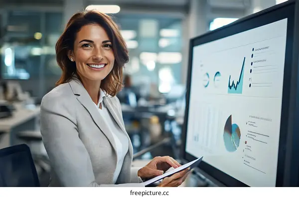 Smiling Businesswoman Analyzing Financial Charts