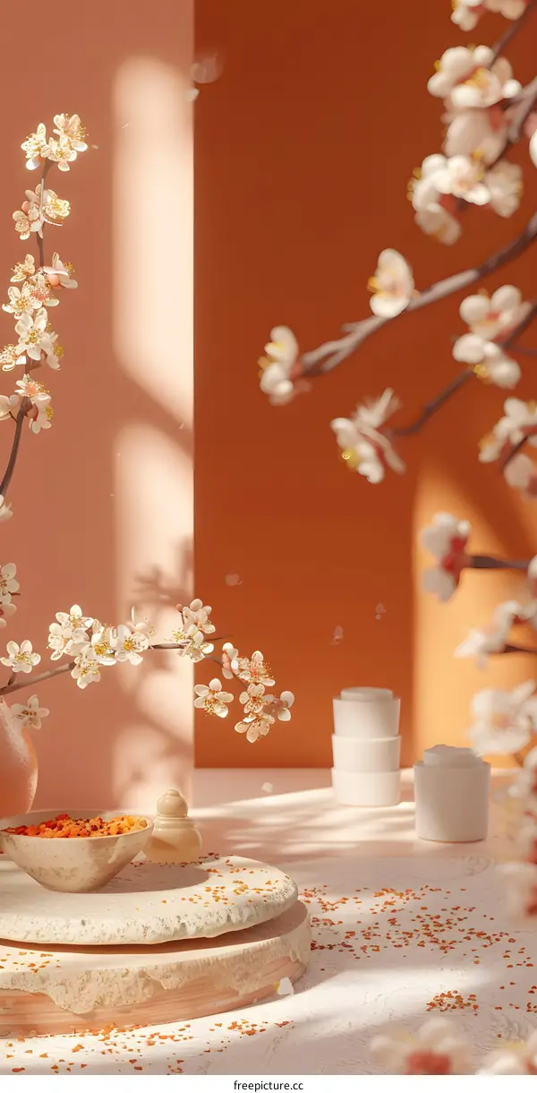 Aesthetic Minimalist 3D Render of White Flowers and a Round Platform