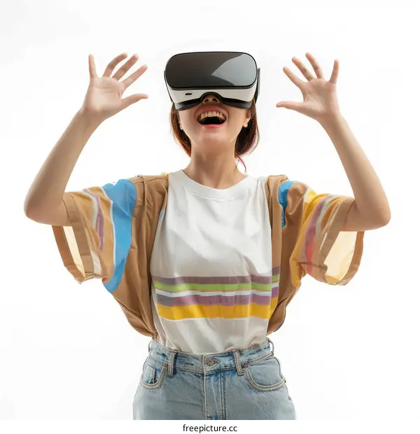 Asian woman wearing virtual reality headset and smiling