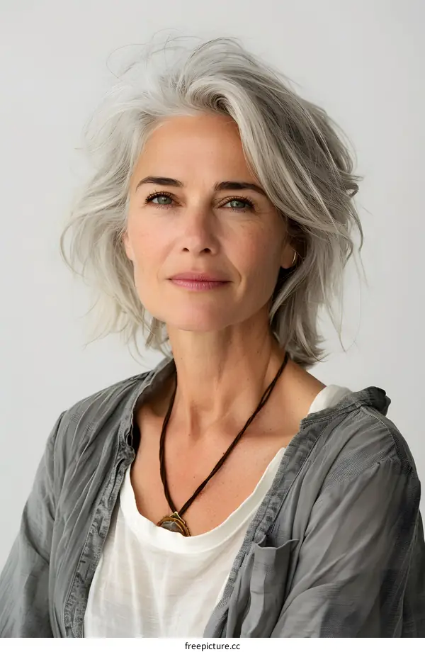 Portrait of a Beautiful Woman with Grey Hair and Green Eyes