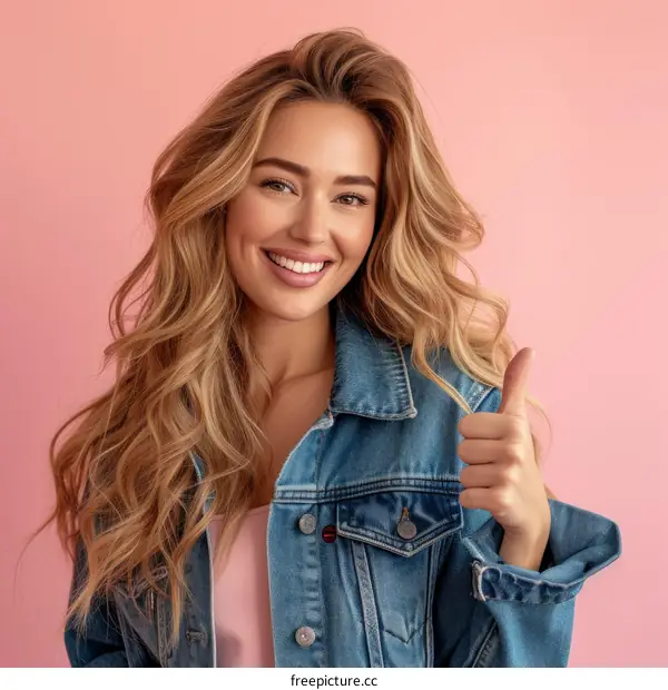 Portrait of a beautiful blonde woman in denim jacket giving thumbs up