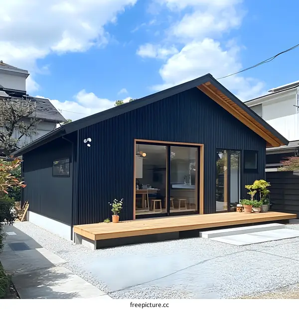 Modern Black Metal House with Wooden Deck