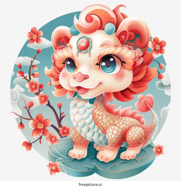 Qilin sitting on a lotus flower with peach blossoms