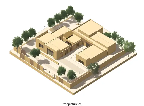 3D Isometric Architectural Illustration of a Modern Desert House with Courtyard