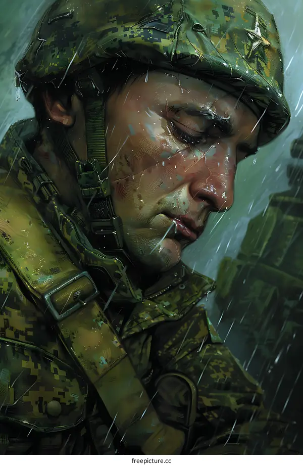 Portrait of a soldier, he looks tired, sad and lonely.