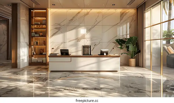 Modern hotel lobby interior with marble floor, wooden bookshelf, plant, and large windows