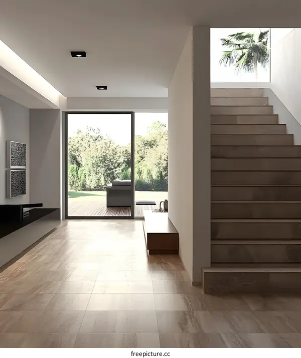 Modern Minimalist Interior Design of a Foyer with Stairs