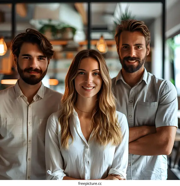 Three young professionals posing for a photo in an office