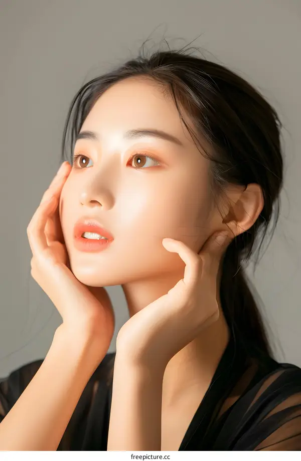Portrait of a Beautiful Asian Woman With Soft Makeup and Long Black Hair