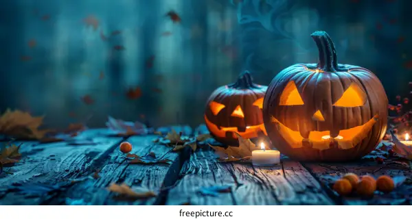 Halloween Pumpkins with Candles on a Table in the Woods