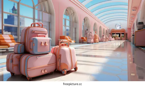 Pink pastel waiting area with pink and blue suitcases