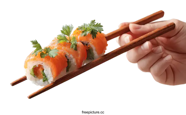 [Transparent Background PNG]Delicious Salmon Sushi Roll Held with Chopsticks