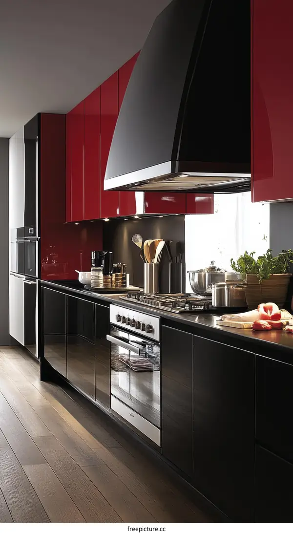 Modern Kitchen with Red and Black Cabinets
