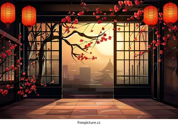 Japanese Style Room With Cherry Blossoms And Lanterns
