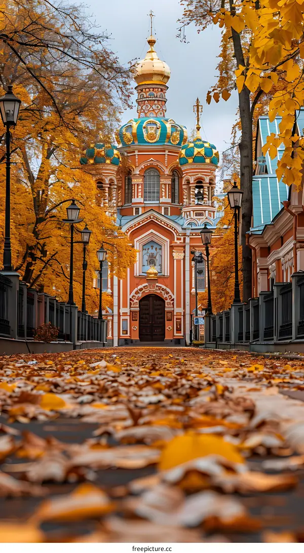 autumn church colorful leaves