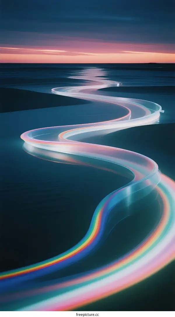 Colorful Light Trails Curving Over Calm Ocean Surface at Sunset