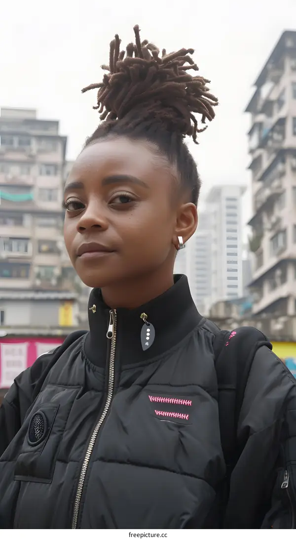 Portrait of a Young Black Woman with Dreadlocks in an Urban Setting