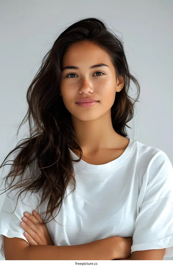 Portrait of a Young Woman with Freckles and Long Hair