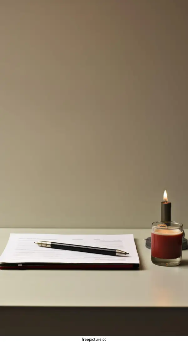 A desk with a notebook, pen and candle