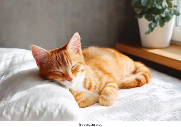 Adorable Ginger Cat Napping on a Bed