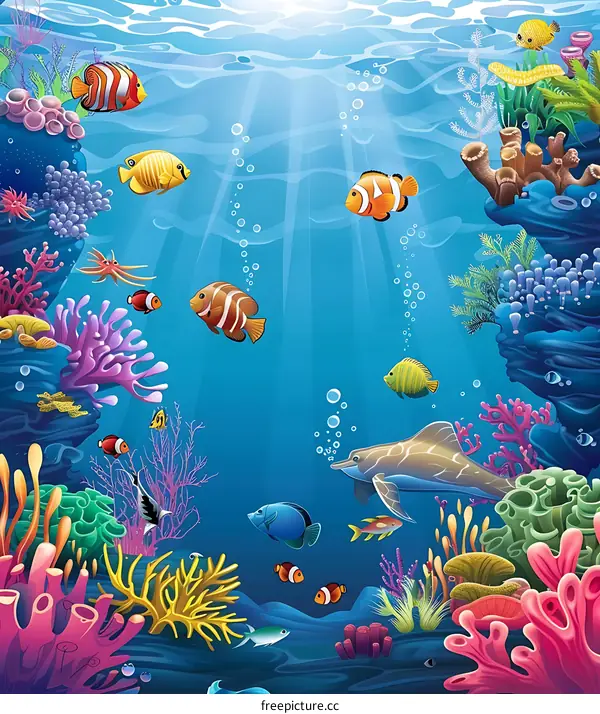 Colorful Underwater Scene with Fish and Coral Reef
