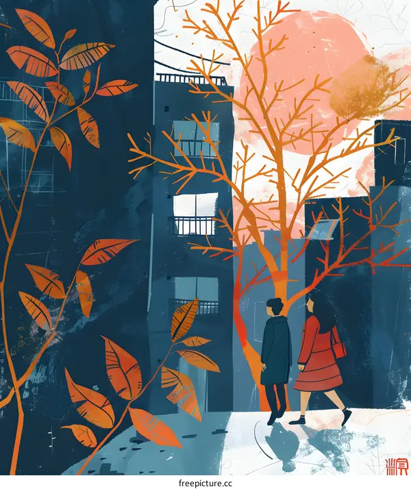 Couple Walking in a City with Trees in Autumn