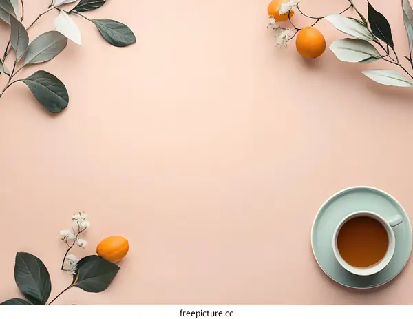 Minimalist Flat Lay with Orange, Tea, and Leaves
