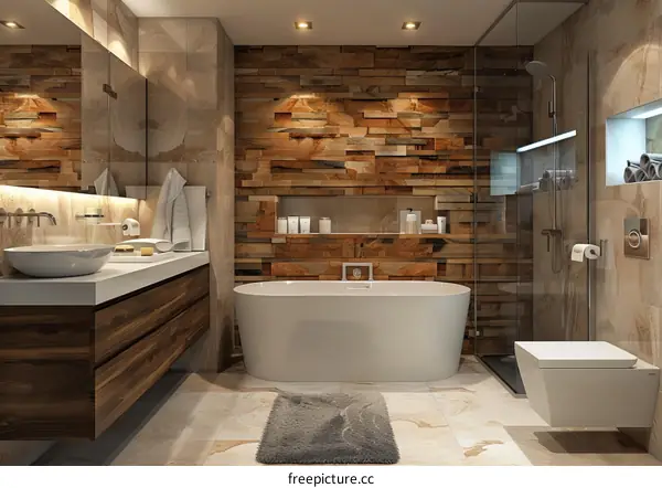 Modern Wooden Bathroom Design with Bathtub and Shower