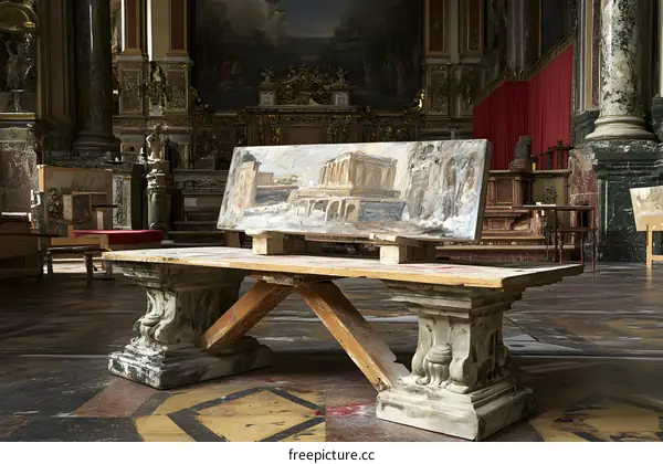 Painting on a Wooden Bench in a Church