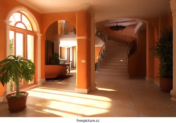 Luxury Interior Design With Arched Windows and Spiral Staircase