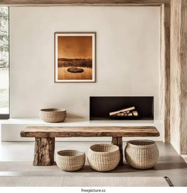 Modern Rustic Living Room with Woven Baskets