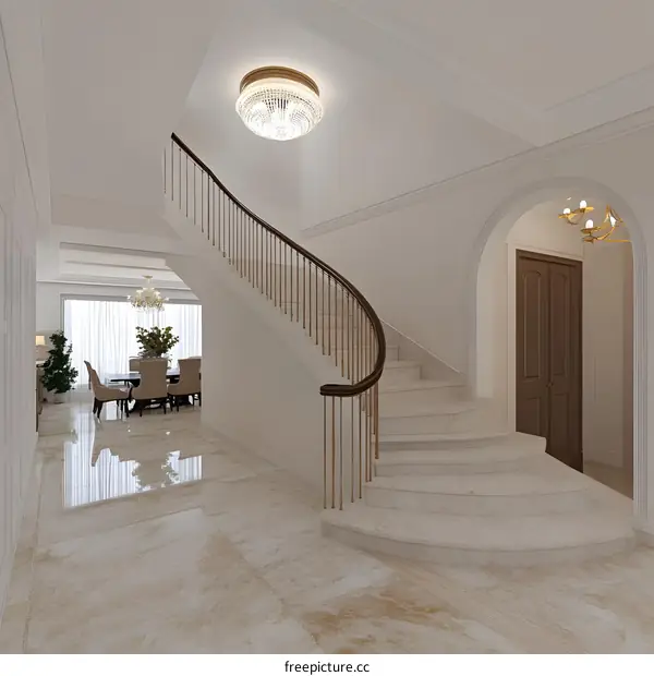 Luxury Interior Design with a Curved Staircase and Chandelier