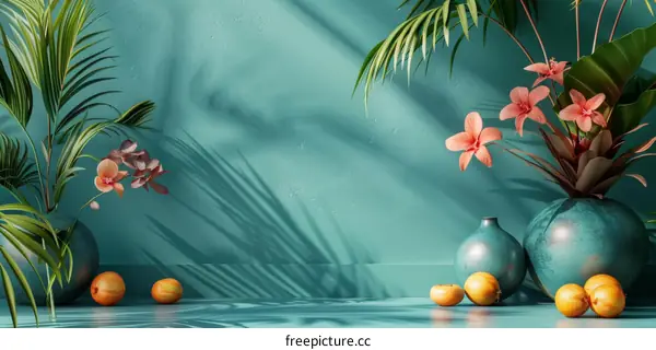 Tropical Still Life with Flowers and Fruits