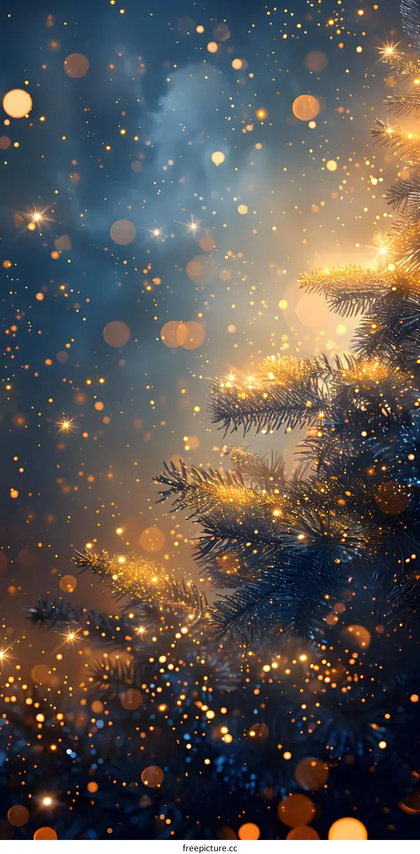 Christmas tree with glowing lights and stars on dark blue background