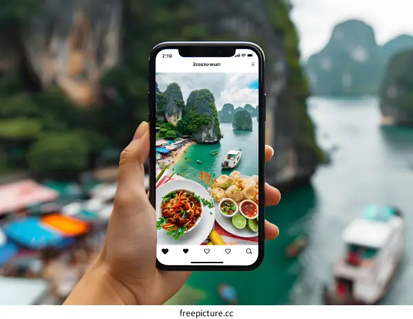 Hand Holding Phone with Photo of Beach and Food