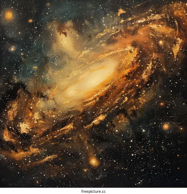 Mystical Galaxy Painting in Gold and Brown Hues