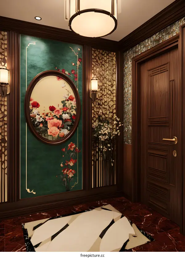 Traditional Chinese Style Interior Design with Floral Pattern Wallpaper