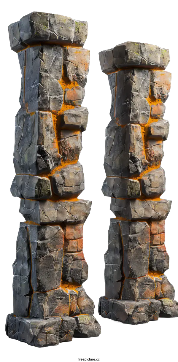 [Transparent Background PNG]Two fantasy rock pillars with glowing orange cracks