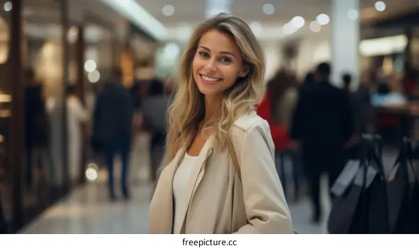 Portrait of a smiling young woman with blonde hair in a shopping mall
