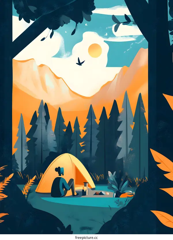 Camping In The Woods With A Tent And Mountains