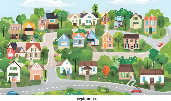 Colorful Illustration of a Suburban Neighborhood