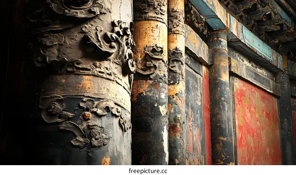 Close Up of Ornate Pillars with Carvings on a Chinese Temple
