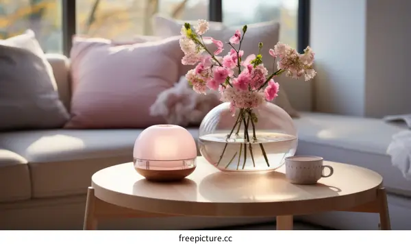 Elegant Coffee Table with Pink Lamp, Flowers, and Cup